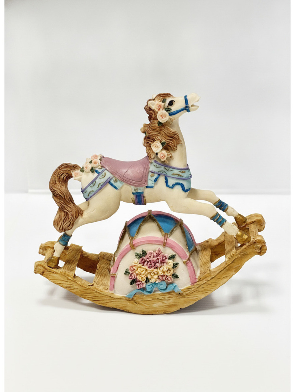 Vintage Musical Decorative Rocking Horse Figurine with Floral Accents